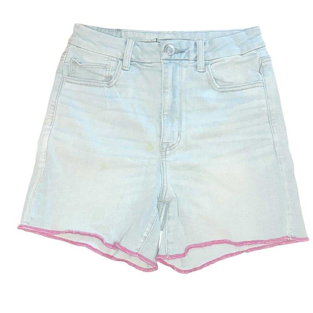 American Eagle NE(X)T Level Stretch Midi Denim Shorts Lt Wash / Pink Hem Size 8